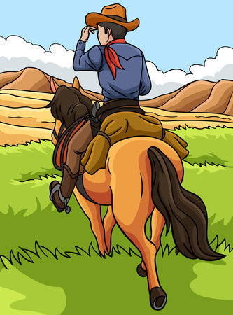 Cowboy Horseback Riding Colored Cartoonのイラスト素材