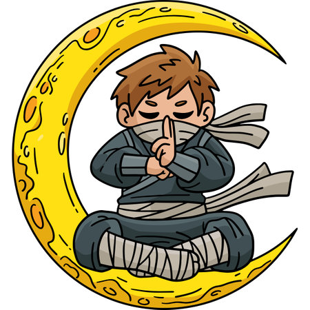 Ninja and Crescent Moon Cartoon Colored Clipartのイラスト素材