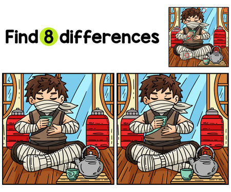 Ninja Drinking Tea Find The Differencesのイラスト素材