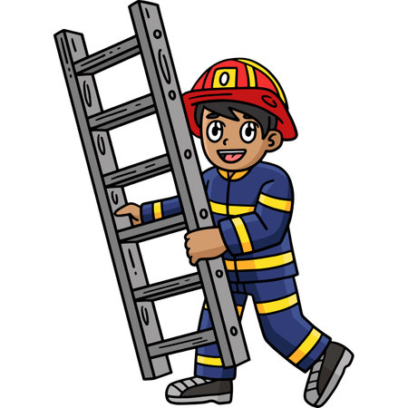 Firefighter with a Ladder Cartoon Colored Clipartのイラスト素材