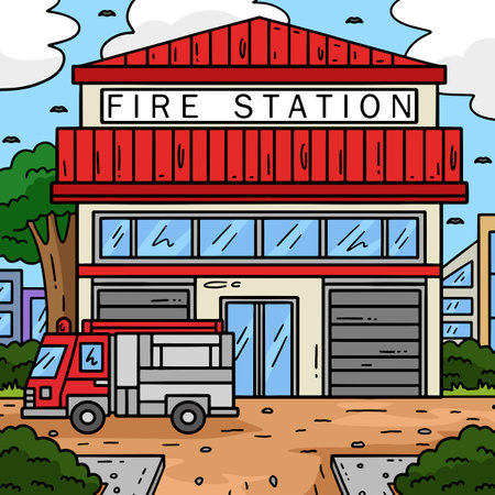Firefighter Station Colored Cartoon Illustrationのイラスト素材
