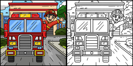 Firefighter Waving from Fire Truck Illustrationのイラスト素材
