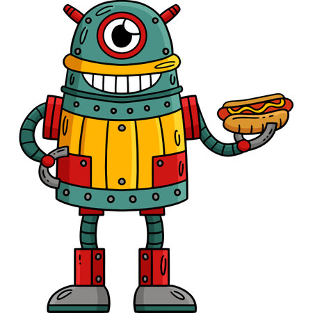 One Eyed Robot with Hotdog Cartoon Colored Clipartのイラスト素材