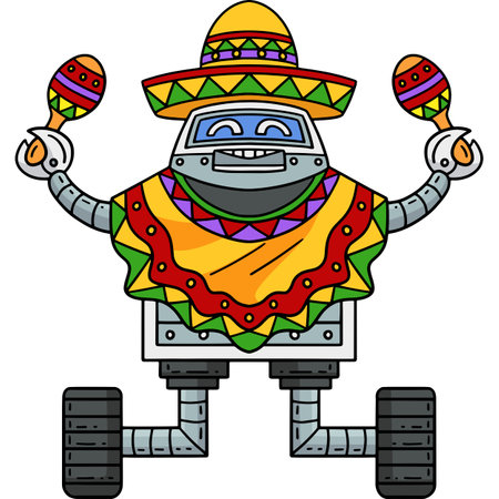 Robot with Poncho and Maracas Cartoon Clipartのイラスト素材