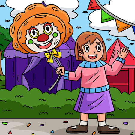 Circus Child with a Clown Balloon Colored Cartoonのイラスト素材