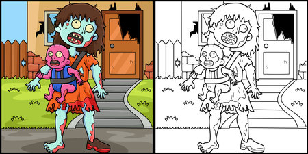 Zombie Mother and Child Coloring Page Illustrationのイラスト素材