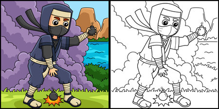 Ninja with a Smoke Bomb Coloring Page Illustrationのイラスト素材