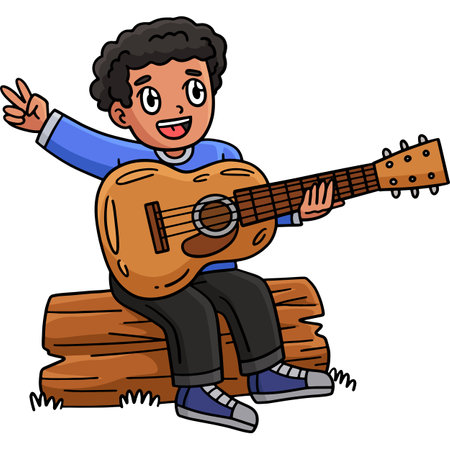 Camping Camper Crossing Log Bridge Cartoon Clipartのイラスト素材