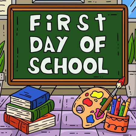 First Day of School on Chalkboard Colored Cartoonのイラスト素材