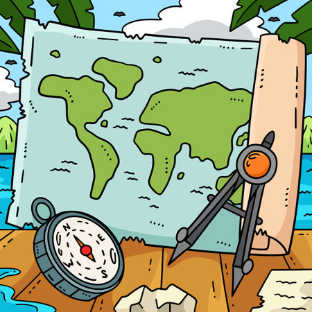 Columbus Day Map and Compass Colored Cartoonのイラスト素材