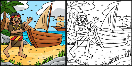 Columbus Day Native Man and Boat Illustrationのイラスト素材