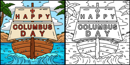 Happy Columbus Day on Ship Coloring Illustrationのイラスト素材