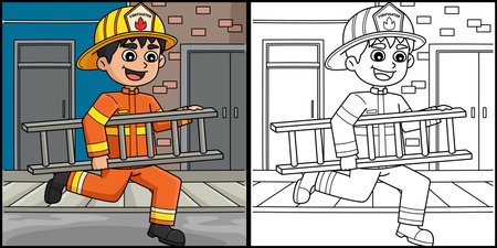 Firefighter Holding Ladder Coloring Illustrationのイラスト素材
