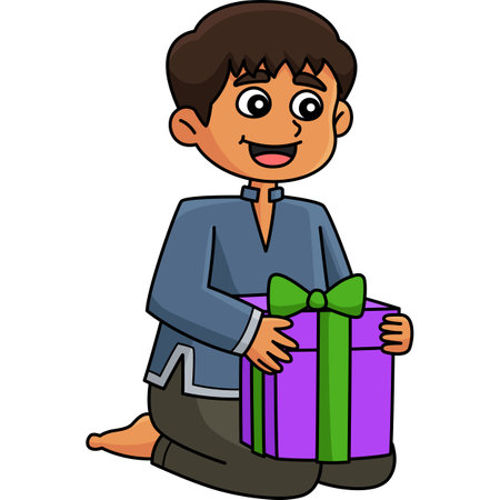 Diwali Boy Holding Gift Cartoon Colored Clipartのイラスト素材