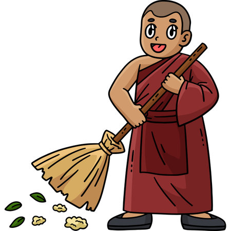 Buddhism Buddhist Monk Cleaning Cartoon Clipartのイラスト素材