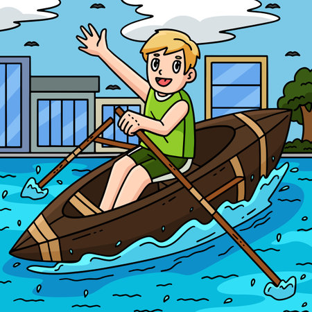 Rowing Oarsman Colored Cartoon Illustrationのイラスト素材