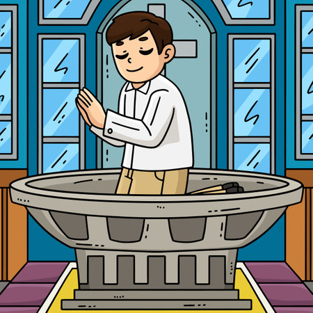Baptism Font Child Praying Colored Cartoonのイラスト素材