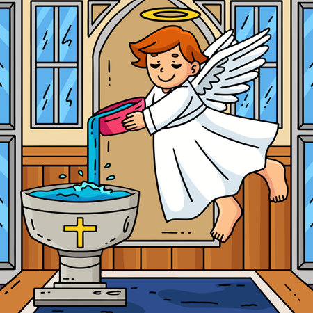 Baptism Angel Pouring Water Colored Cartoonのイラスト素材