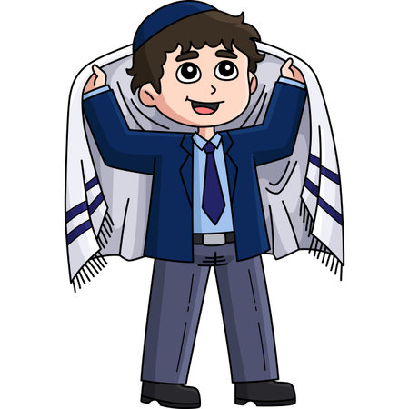Bat Mitzvah Boy Putting Taliit Cartoon Clipartのイラスト素材