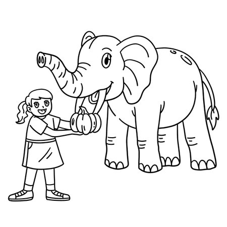 Girl Feeding Elephant Isolated Coloring Pageのイラスト素材