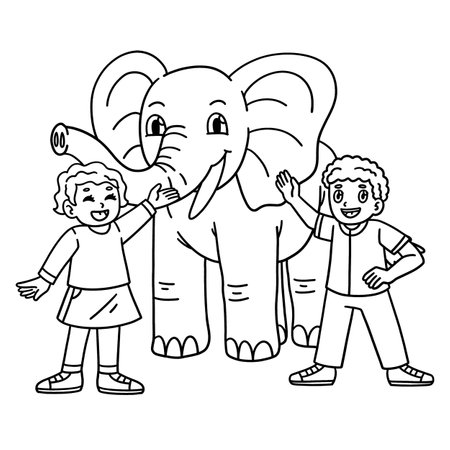 Elephant and Children Isolated Coloring Pageのイラスト素材