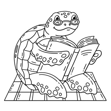 Turtle Reading a Book Isolated Coloring Pageのイラスト素材