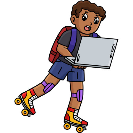 Roller Skating Boy with a Laptop Cartoon Clipartのイラスト素材