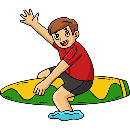 Surfing Boy Sitting on a Surfboard Cartoon Clipartのイラスト素材