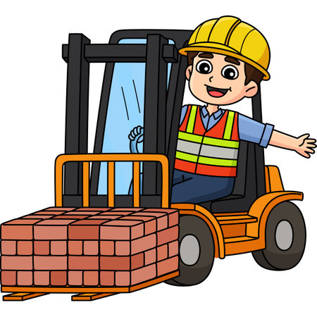 Construction Worker with Forklift Cartoon Clipart