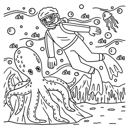 Scuba Diving Male and an Octopus Coloring Pageのイラスト素材