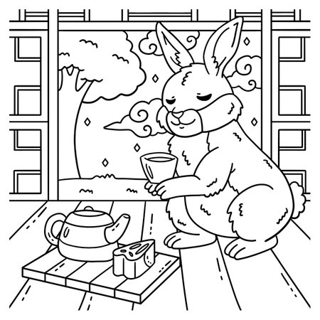 Mid Autumn Festival Rabbit Mooncake Tea Coloringのイラスト素材