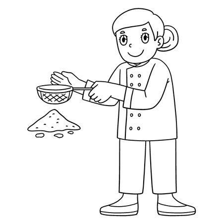 Female Baker Sifting Flour Isolated Coloring Pageのイラスト素材