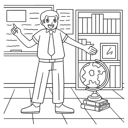 Male Teacher with a Globe Coloring Page for Kidsのイラスト素材