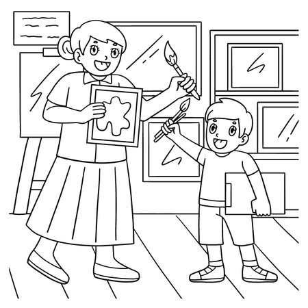 Female Teacher in Art Class Coloring Page for Kidsのイラスト素材
