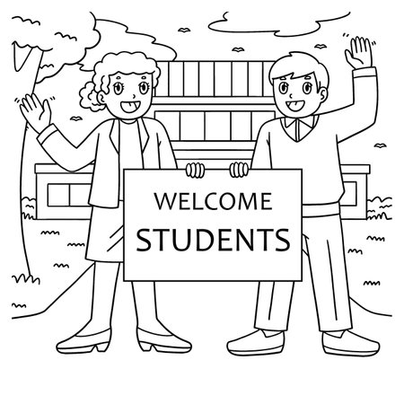 Teacher with a Welcome Sign Coloring Page for Kidsのイラスト素材