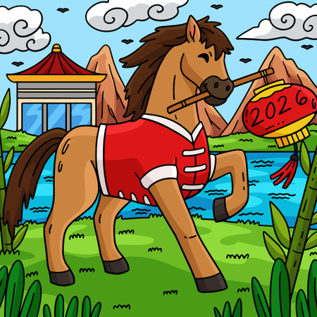 Year of the Horse 2026 and Lantern Colored Cartoonのイラスト素材