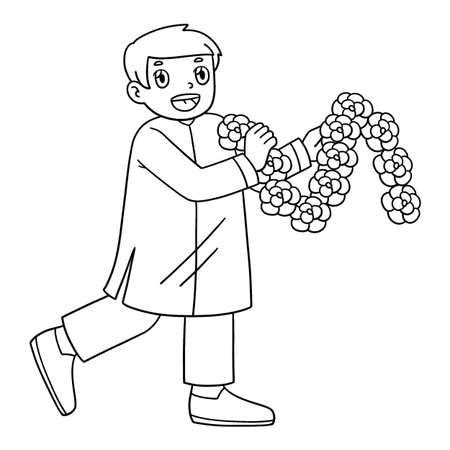 Holi Boy with Garland Flowers Isolated Coloringのイラスト素材
