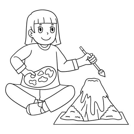Girl Painting a Volcano Isolated Coloring Pageのイラスト素材