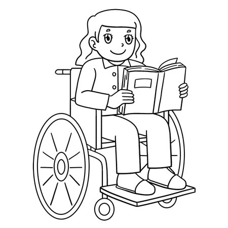 Girl in Wheelchair Reading Books Isolated Coloringのイラスト素材