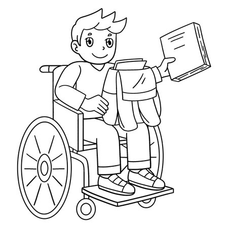 Boy in Wheelchair Packing his School Bag Isolatedのイラスト素材