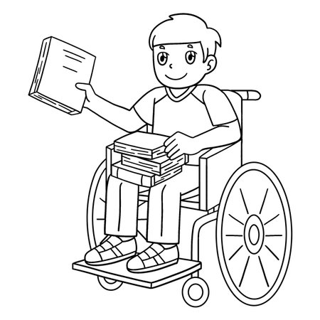 Boy ina Wheelchair Organizing Books Isolatedのイラスト素材