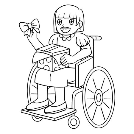 Girl in Wheelchair Wrapping Gift Isolated Coloringのイラスト素材