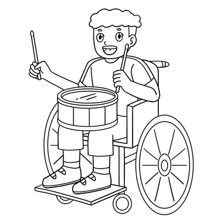 Boy in Wheelchair Playing a Drum Isolated Coloringのイラスト素材