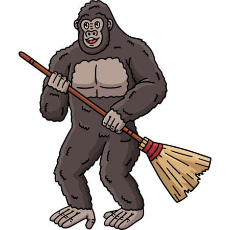 Gorilla Animal with Broom Cartoon Colored Clipartのイラスト素材