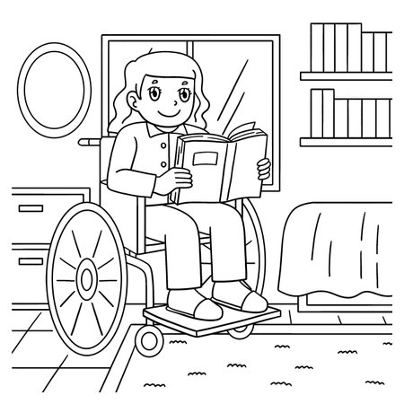 Girl in Wheelchair Reading Books Coloring Pageのイラスト素材