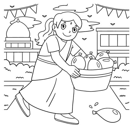 Holi Girl Carrying Water Balloons Coloring Pageのイラスト素材
