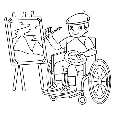 Boy in Wheelchair Painting Isolated Coloring Pageのイラスト素材