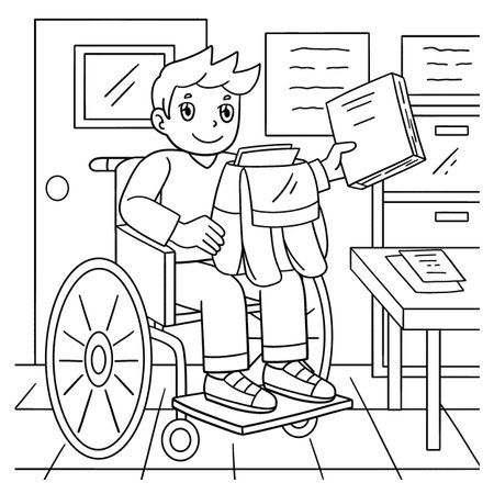 Boy in Wheelchair Packing his School Bag Coloringのイラスト素材