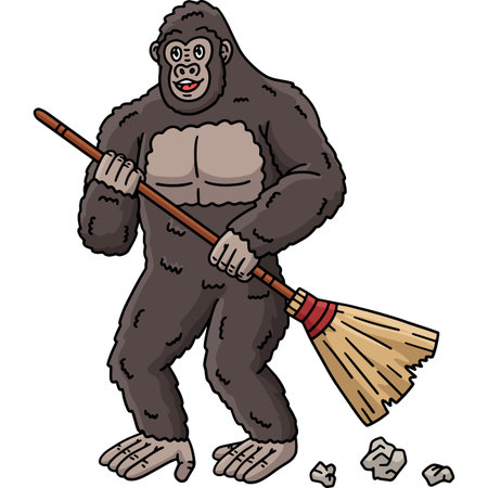 Gorilla Animal Cleaning with Broom Cartoon Clipartのイラスト素材