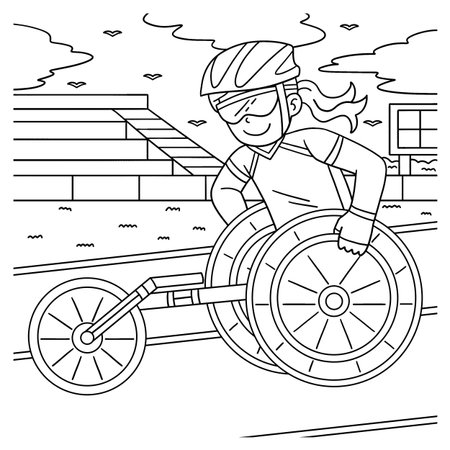 Girl doing Wheelchair Racing Coloring Pageのイラスト素材